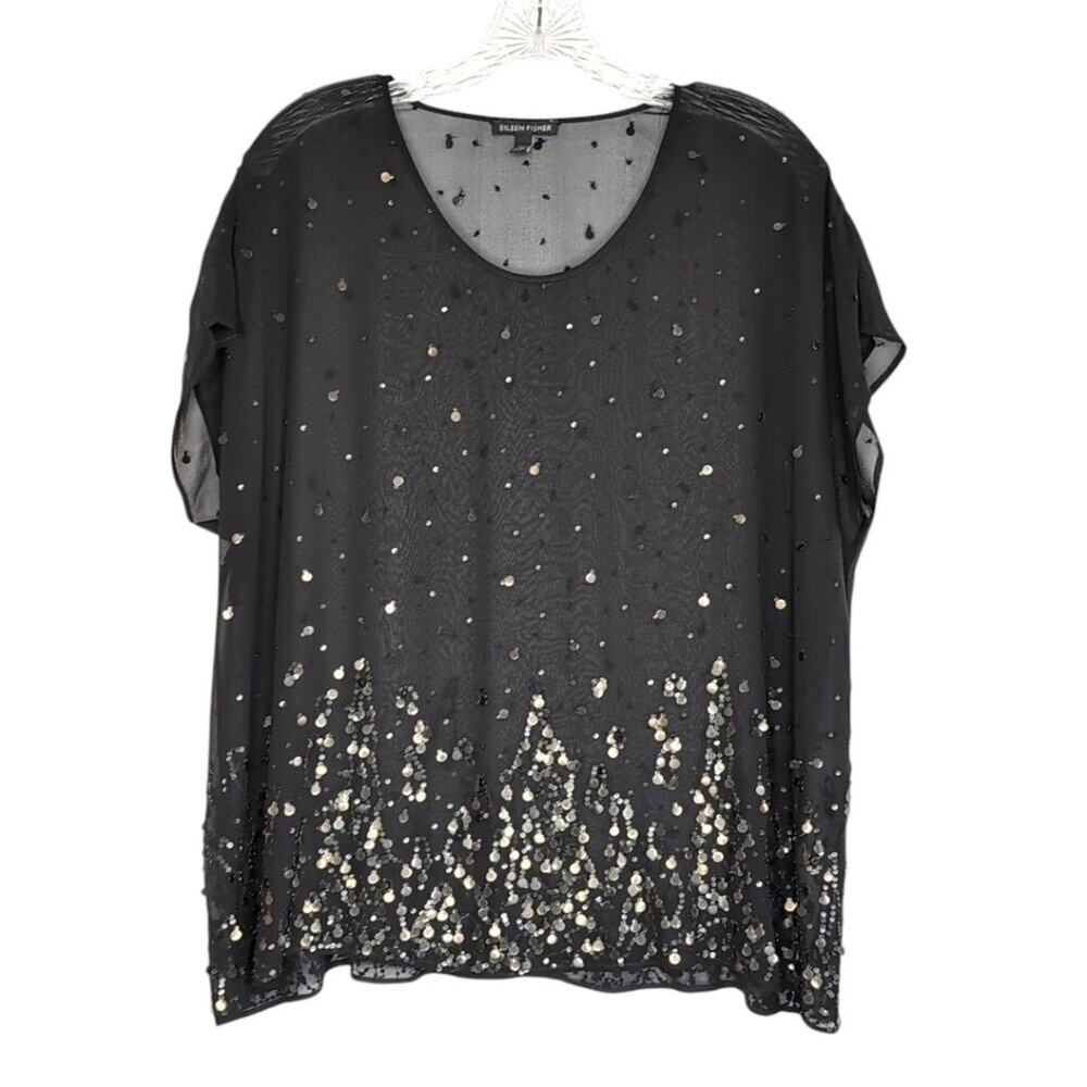 Eileen Fisher sequined sheer black silk blouse, size XS, Evening, Party